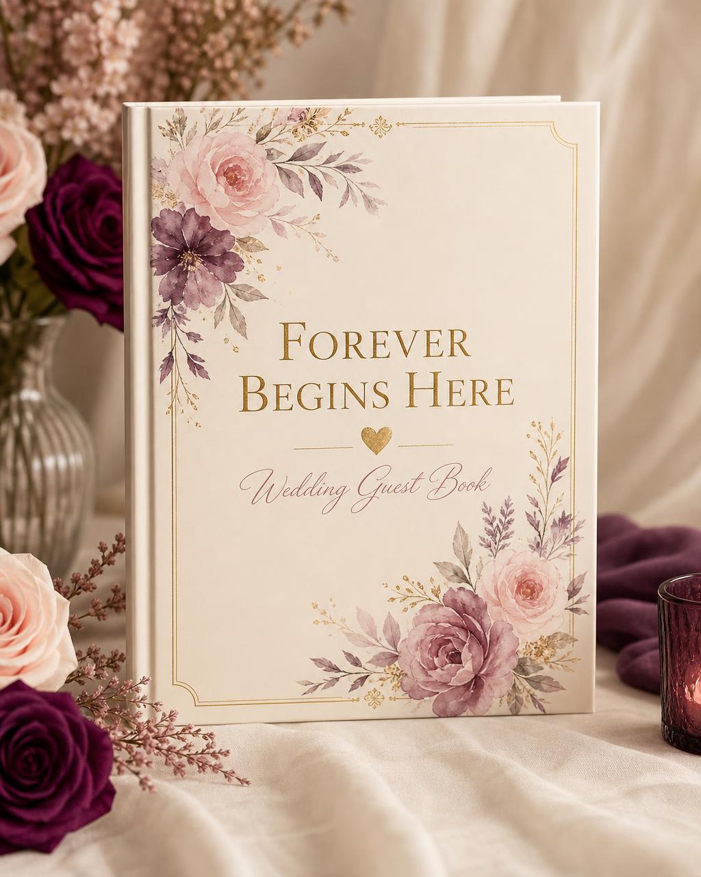 Forever Begins Here — Wedding Guest Book — Print Design • Wedding Stationery • Keepsake Design • Canva book design