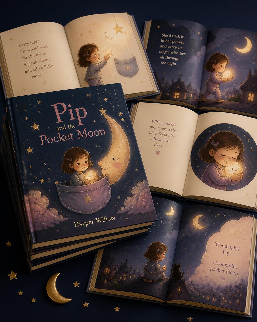 Pip and the Pocket Moon — Children's Picture Book — Printed book stack mockup