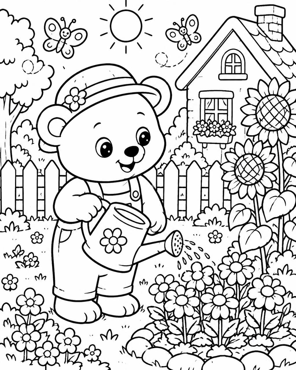 Woodland Friends Coloring Book — Bear's garden morning