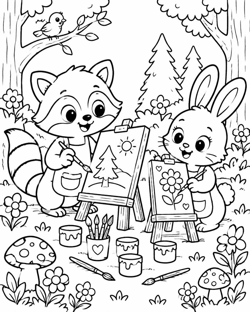 Woodland Friends Coloring Book — Art corner with raccoon & bunny